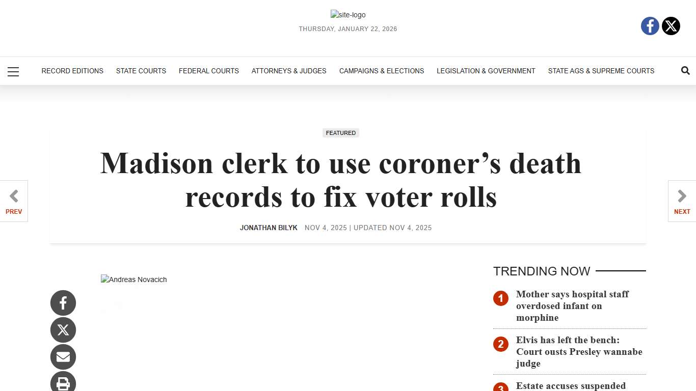 Madison clerk to use coroner’s death records to fix voter rolls Madison-St. Clair Record legalnewsline.com